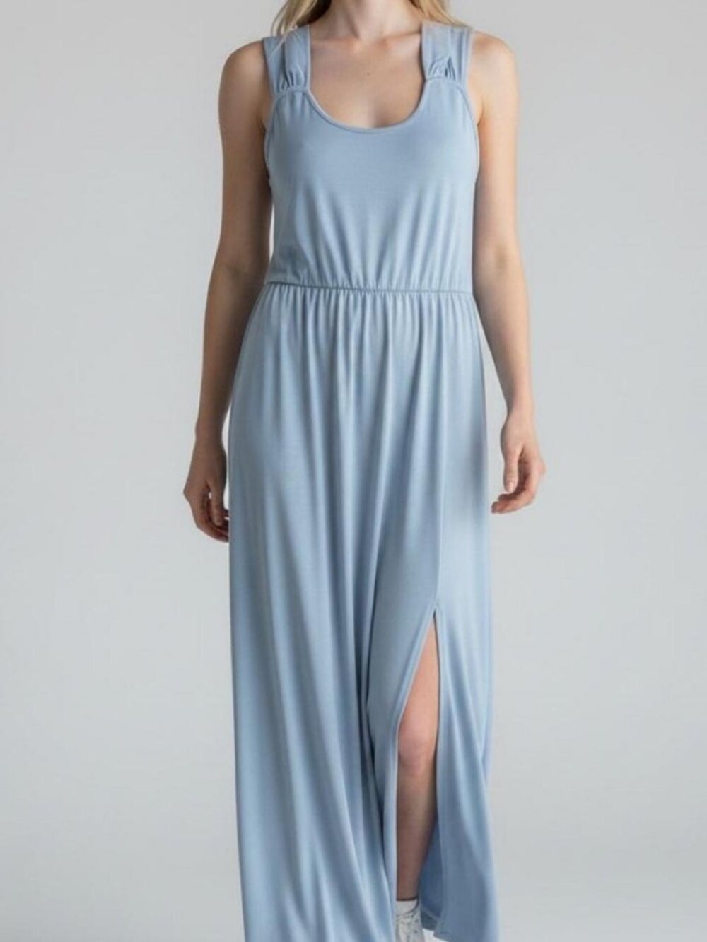 PRIV x Fraîche Penelope Dress in Positano — Blue, Side Slit